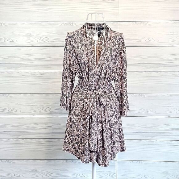 Rene Rofe robe midi length sleepwear damask print in grey & pink Women's Size M - Picture 1 of 12